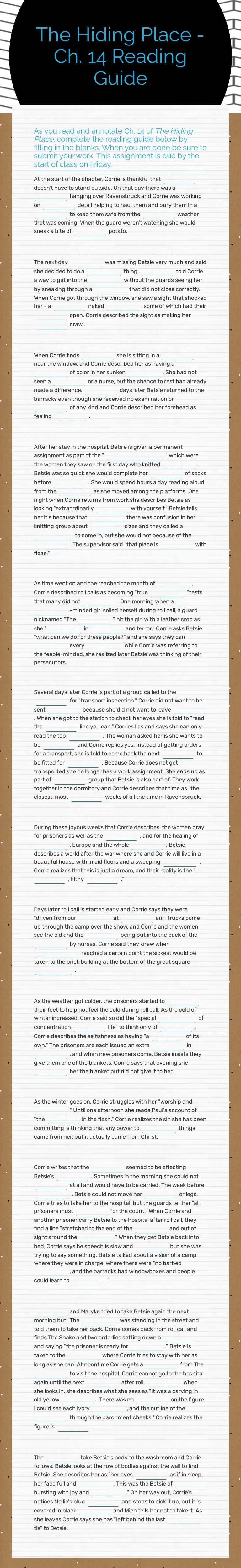 The Hiding Place - Ch. 14 Reading Guide worksheet preview image
