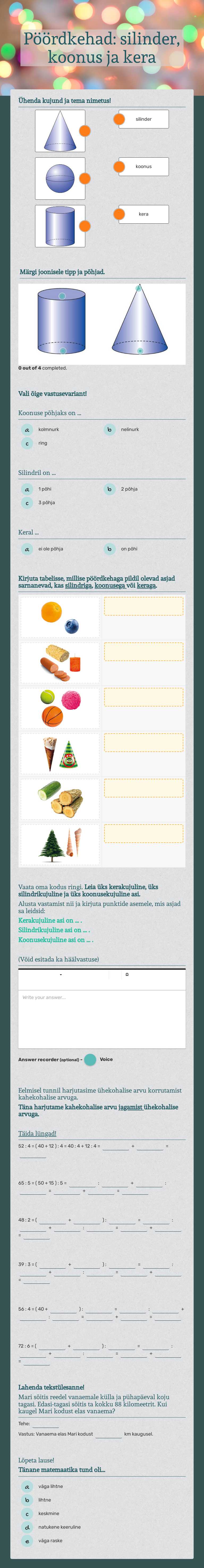 Pöördkehad: silinder, koonus ja kera worksheet preview image