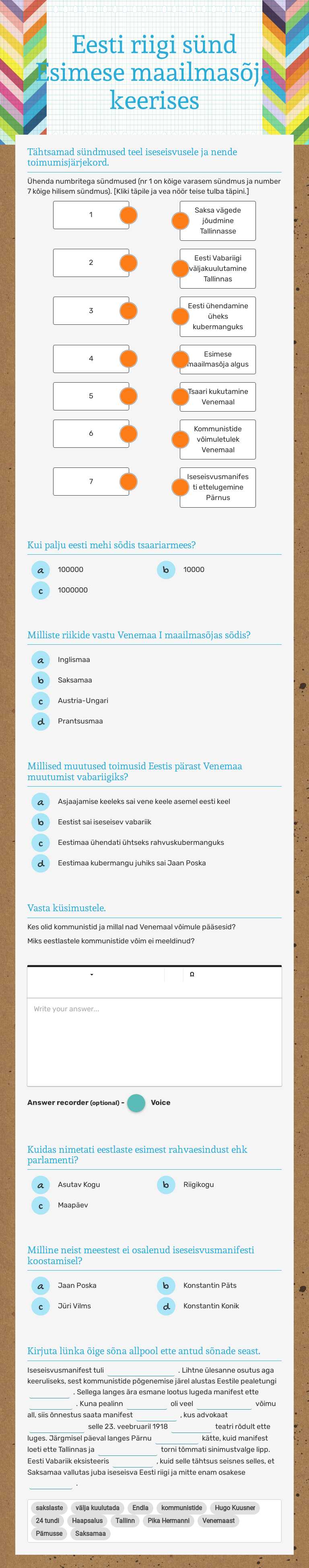 Eesti riigi sünd Esimese maailmasõja keerises Grade 5 worksheet preview