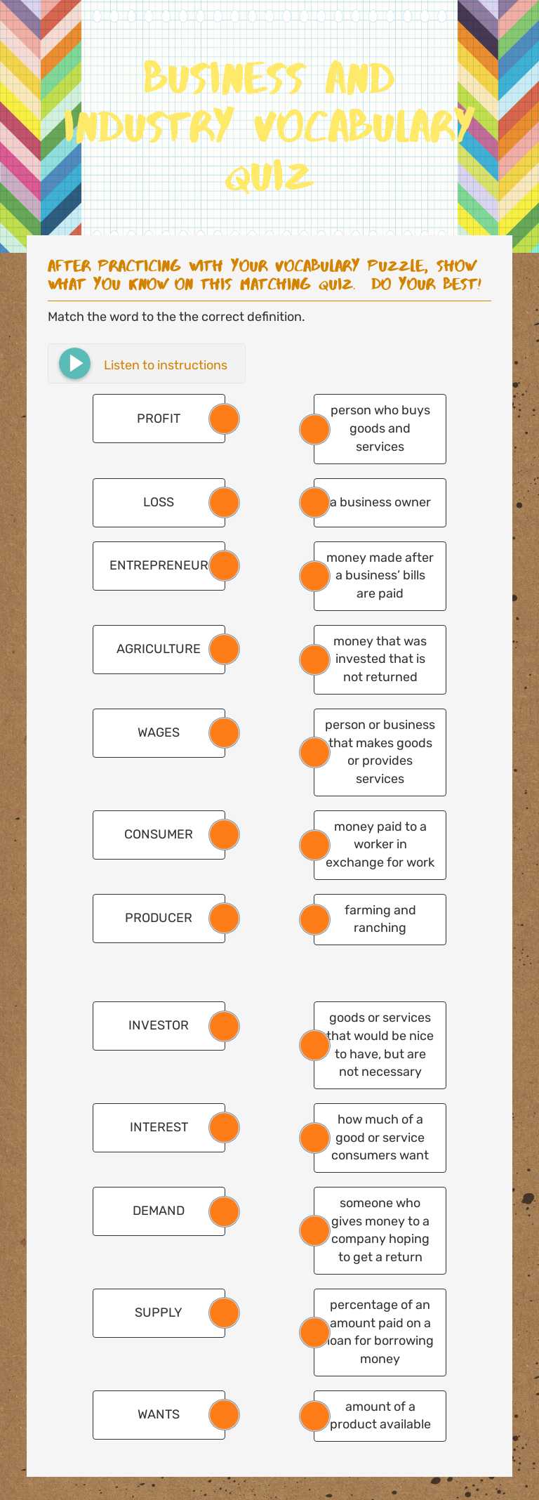 BUSINESS AND iNDUSTRY      Vocabulary Quiz Grade 4 worksheet preview