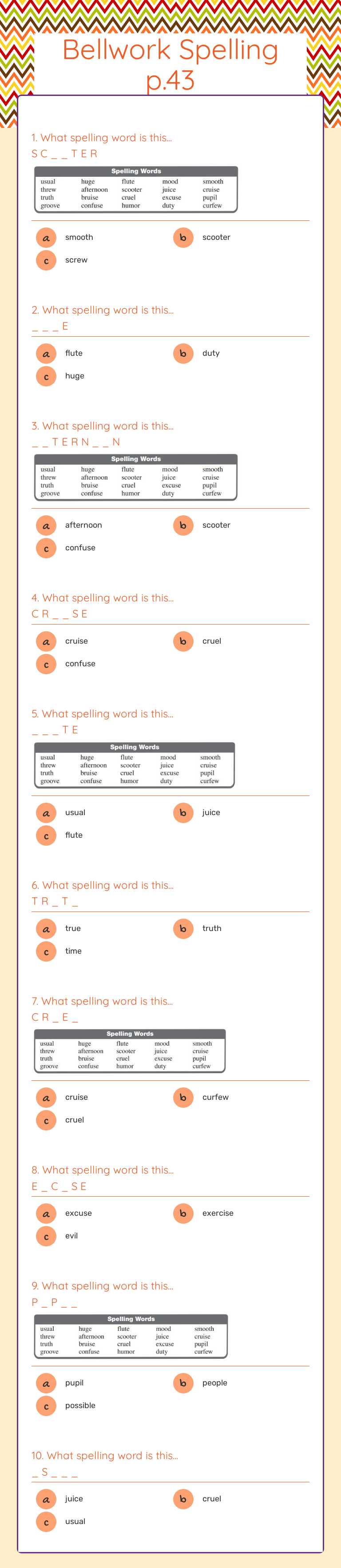 Bellwork Spelling p.43 Grade 4 worksheet preview