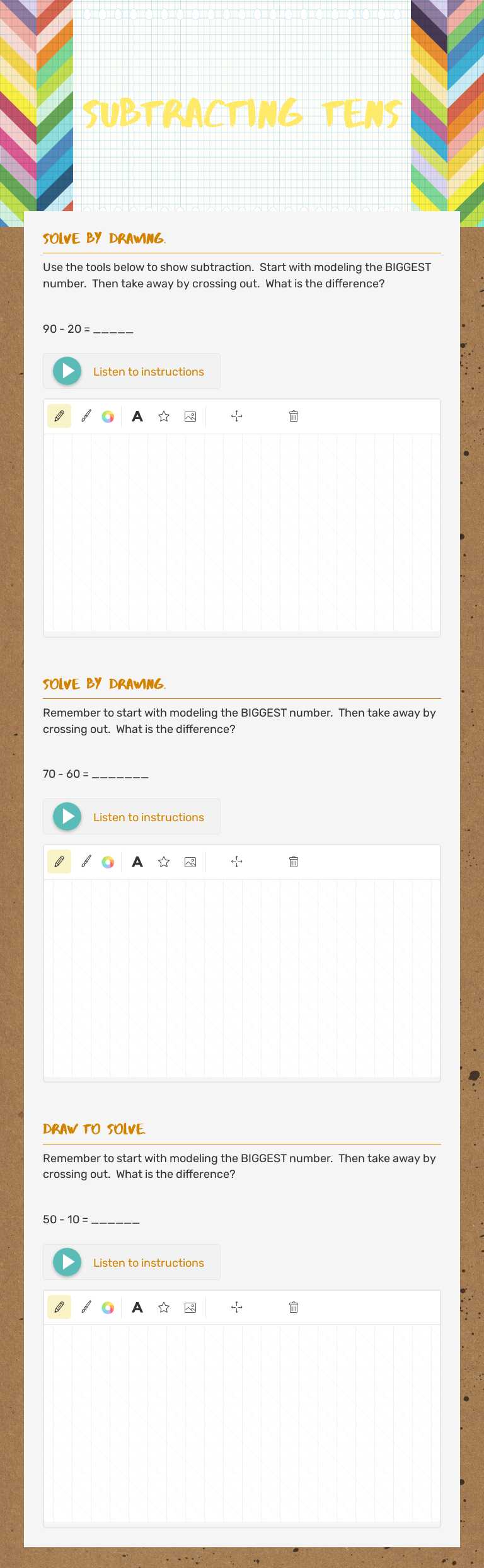 Subtracting tens worksheet preview image