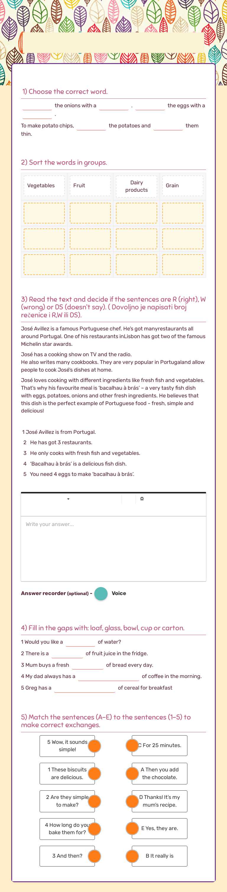 all about food -test- worksheet preview image