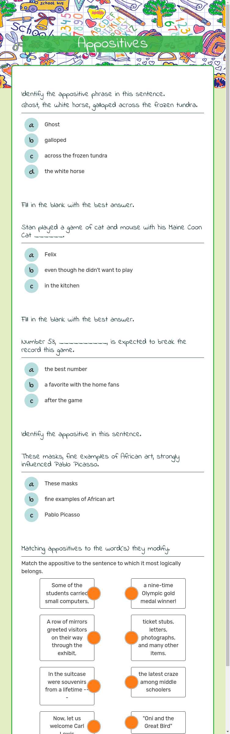 Appositives worksheet preview image