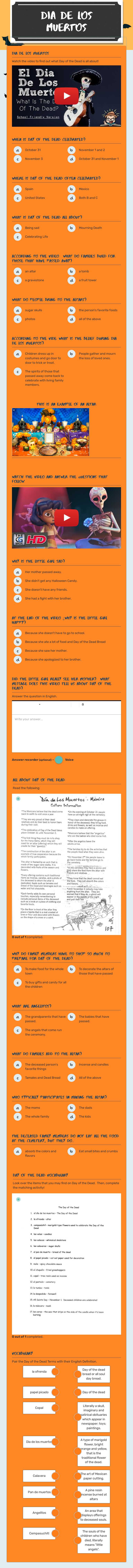 Dia de los muertos Grade 10 worksheet preview