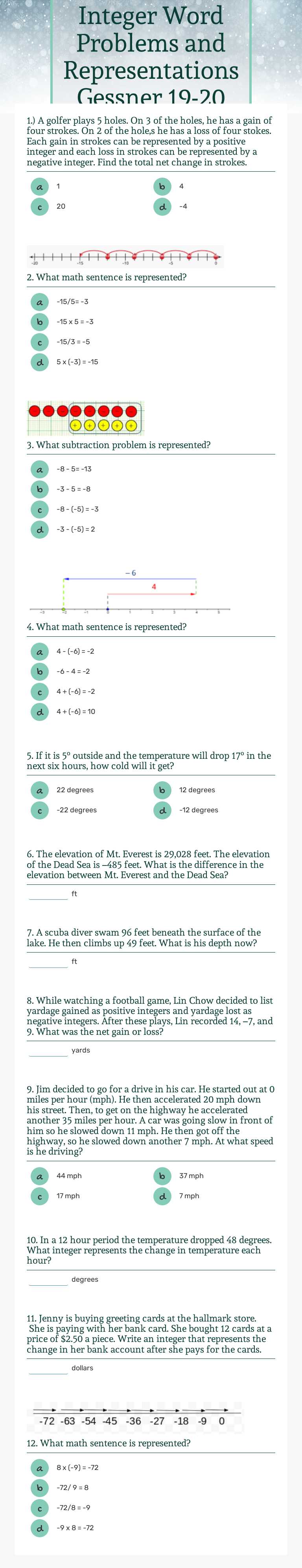 Integer Word Problems and Representations Gessner 19-20 Grade 6 worksheet preview