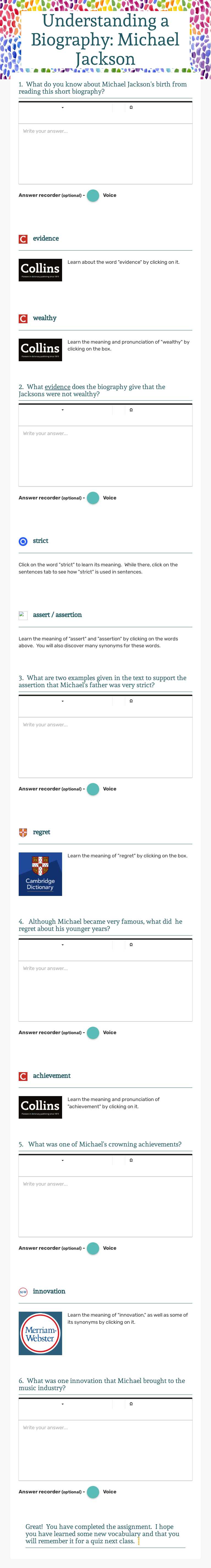 Understanding a 
           Biography:              Michael Jackson worksheet preview image