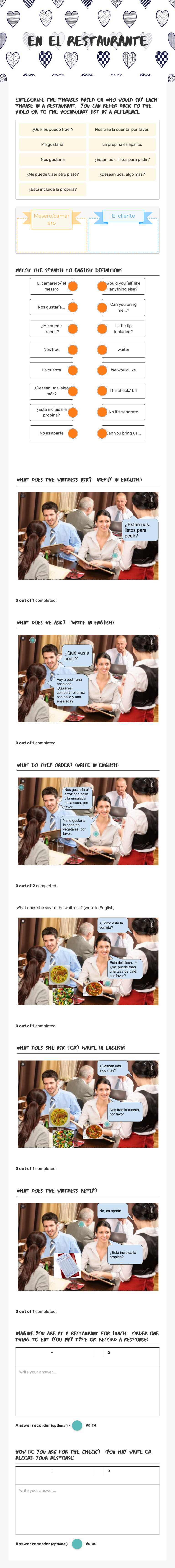 En el restaurante worksheet preview image