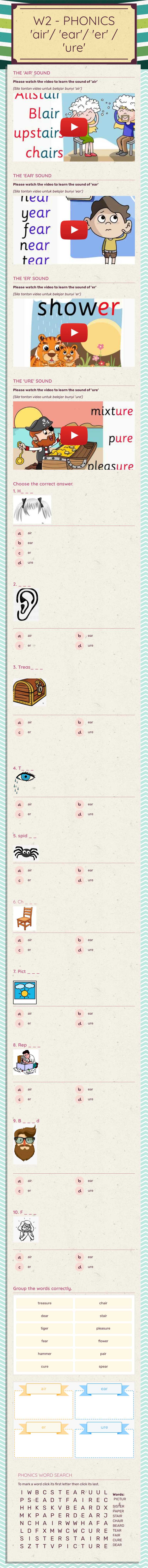 W2 - PHONICS 'air'/ 'ear'/ 'er' / 'ure' worksheet preview image