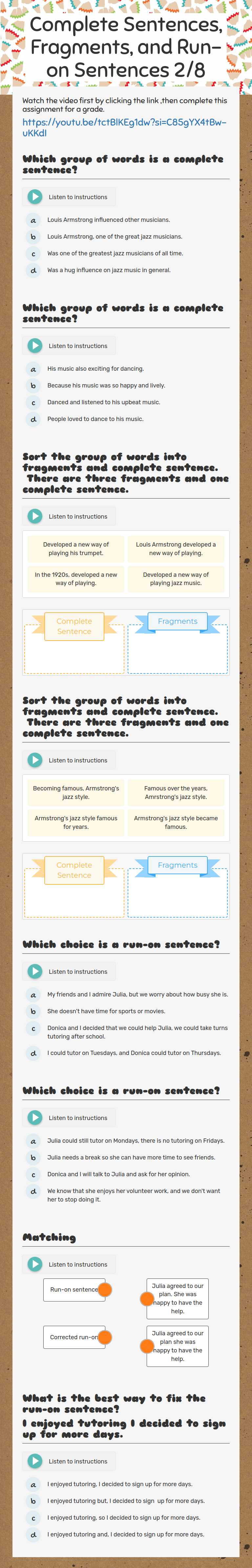 Complete Sentences, Fragments, and Run-on Sentences 2/8 worksheet preview image
