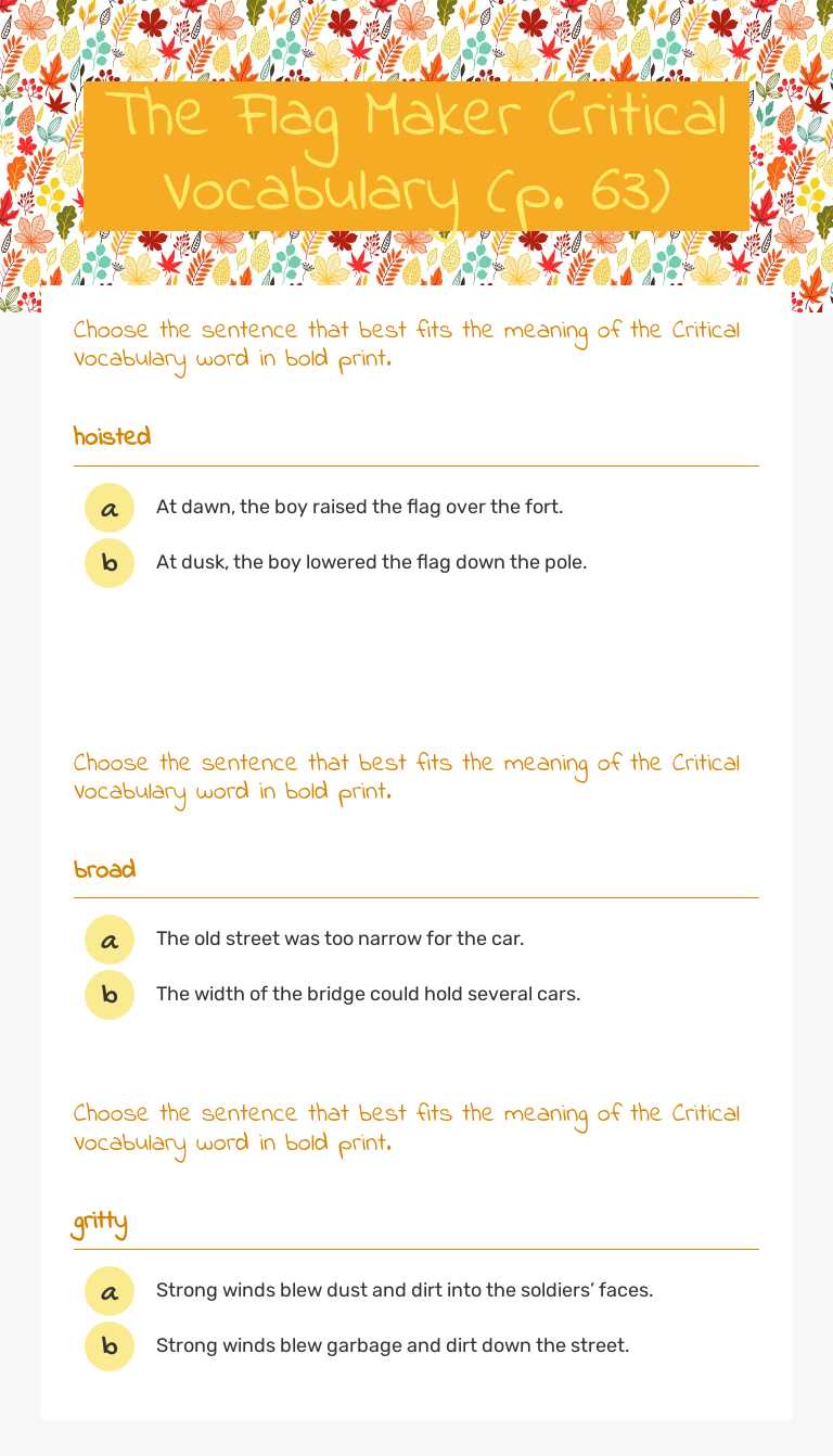 The Flag Maker Critical Vocabulary (p. 63) Grade 3 worksheet preview