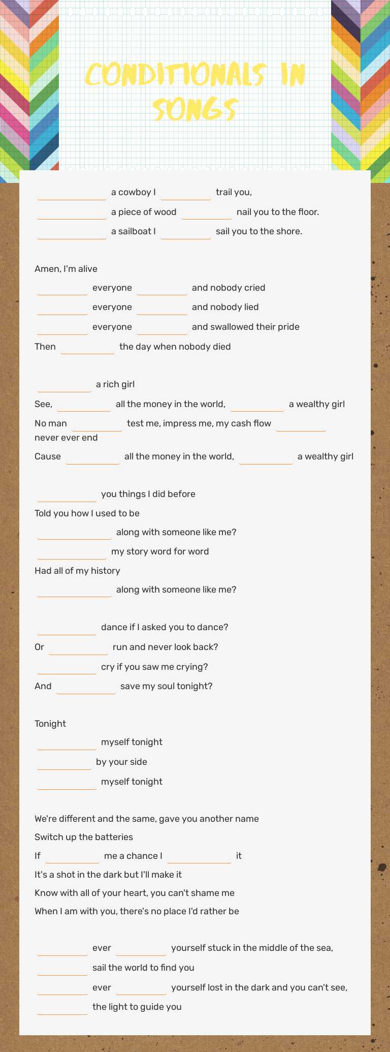Conditionals in songs worksheet preview image