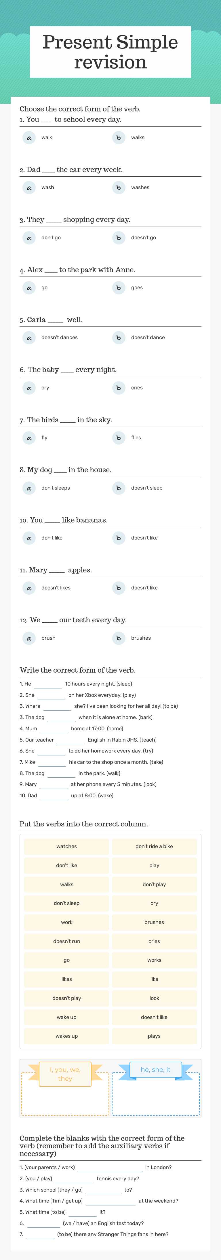 Present Simple revision worksheet preview image