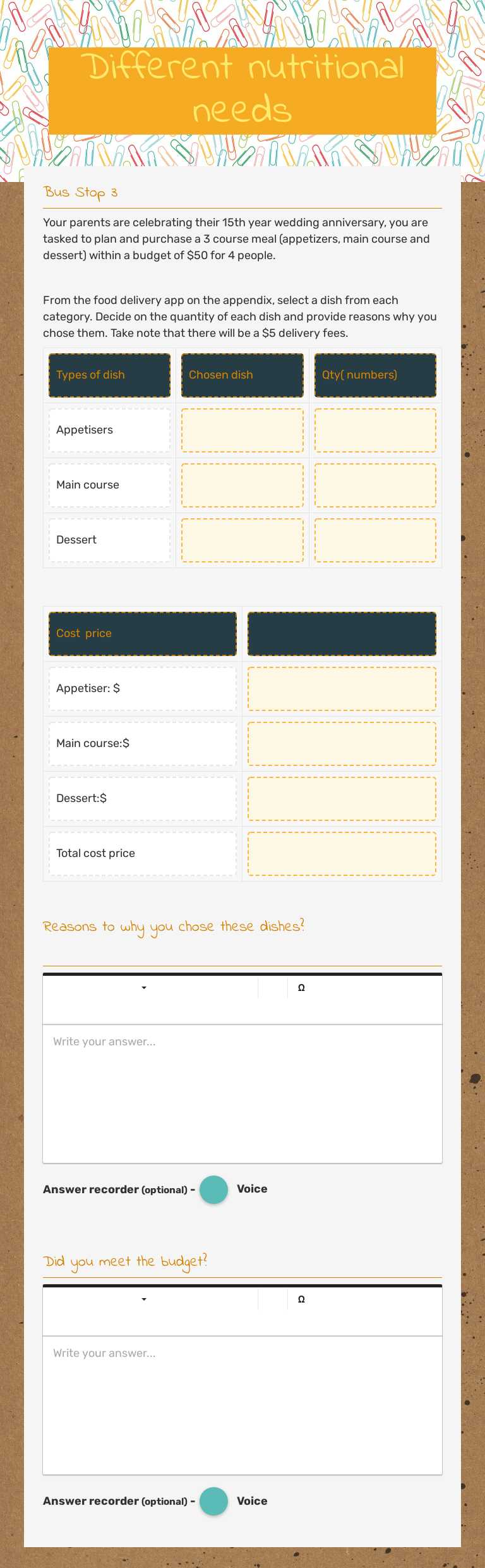 Different nutritional needs worksheet preview image