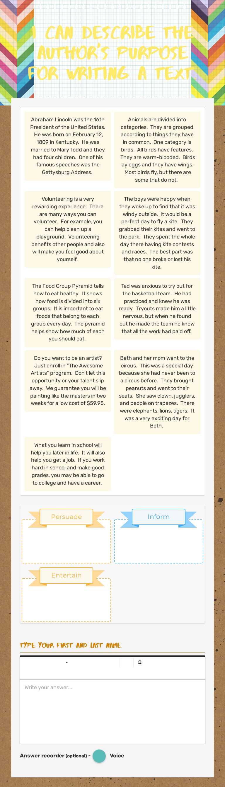 I can describe the author's purpose for writing a text. worksheet preview image