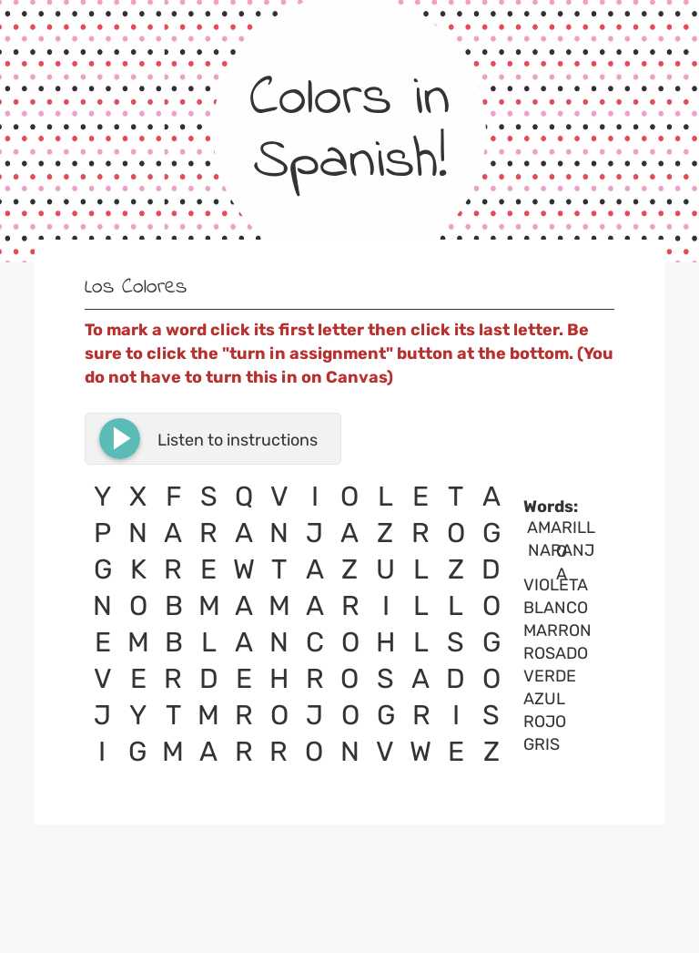 Colors in Spanish! Grade 6 worksheet preview