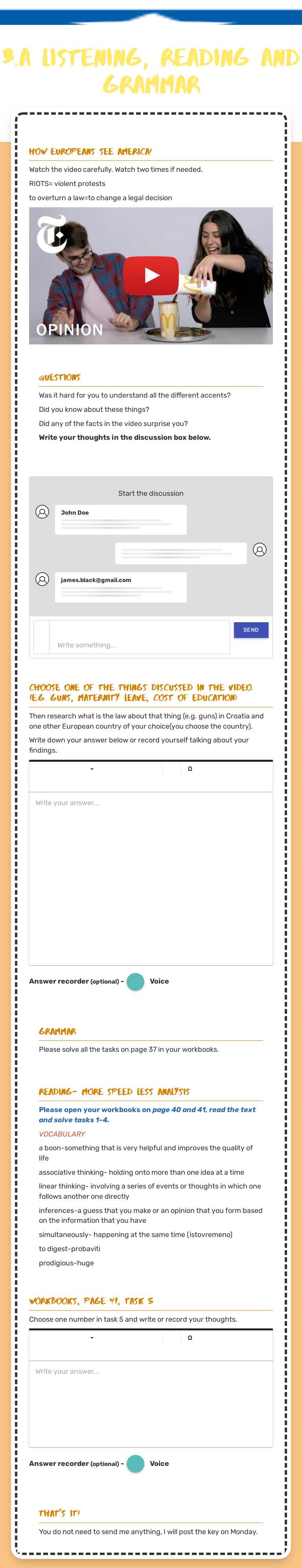 3.a LISTENING, READING AND GRAMMAR worksheet preview image