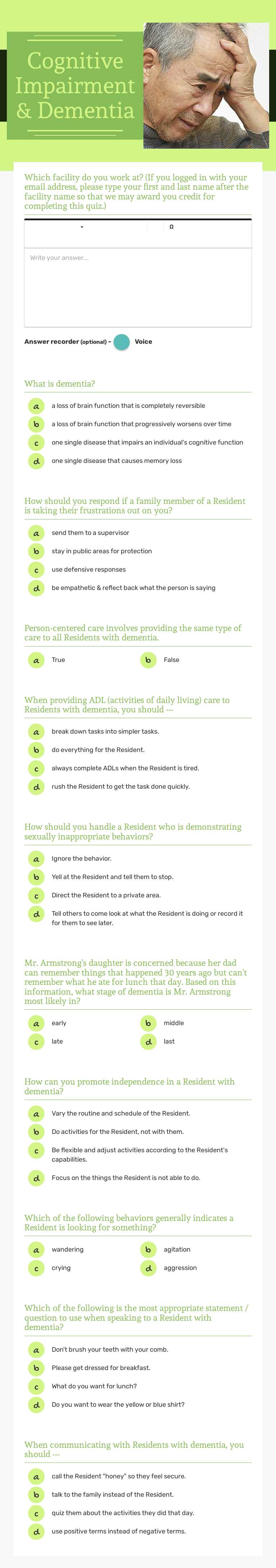 Cognitive Impairment & Dementia worksheet preview image
