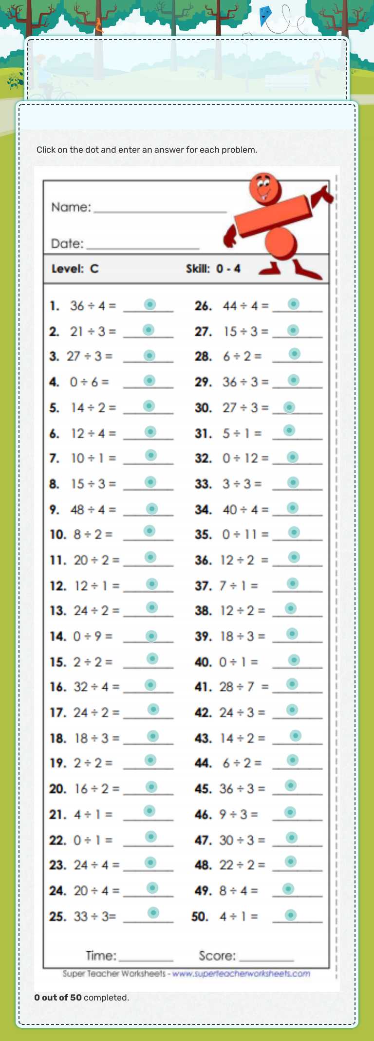 Division Facts 0-4 worksheet preview image