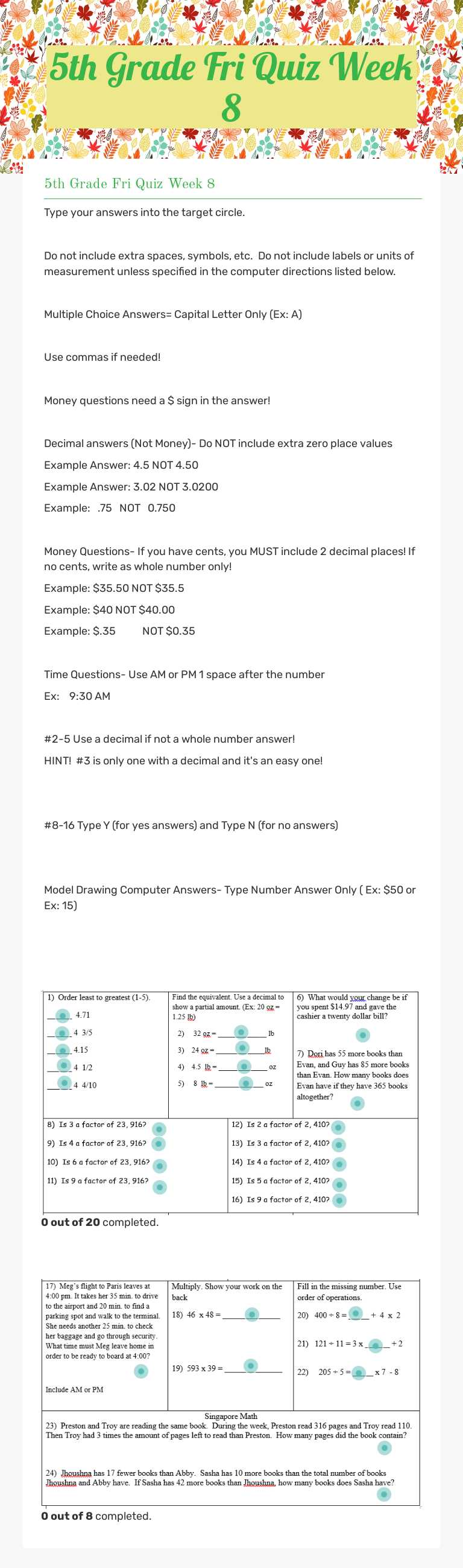 5th Grade Fri Quiz Week 8 Grade 5 worksheet preview