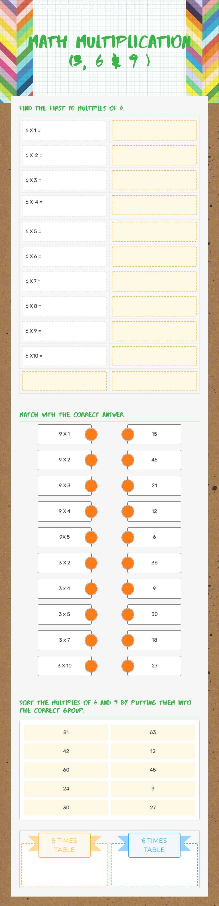 MAth Multiplication (3, 6 & 9 ) worksheet preview image