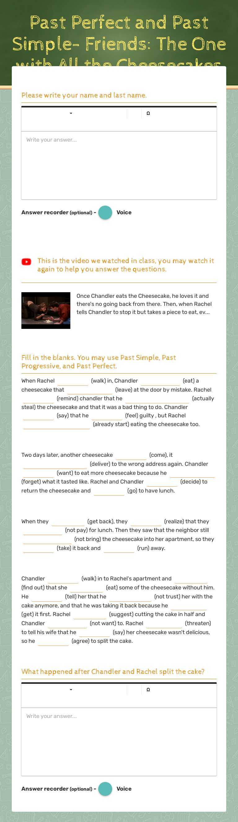 Past Perfect and Past Simple- Friends: The One with All the Cheesecakes worksheet preview image