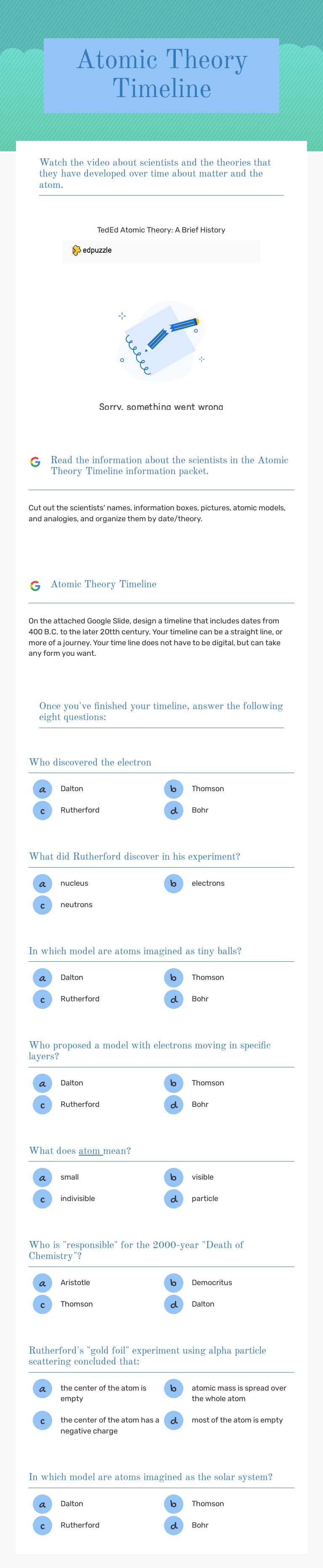 Atomic Theory Timeline worksheet preview image