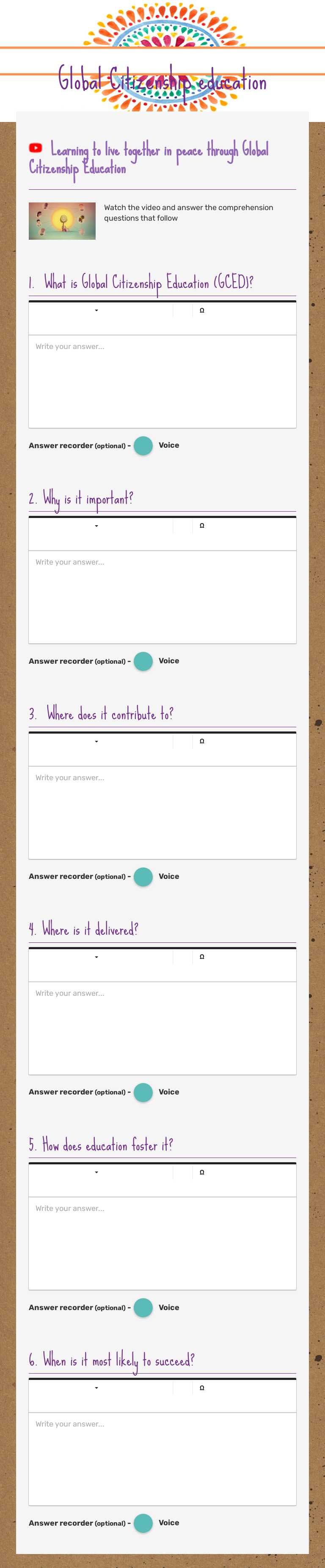 Global Citizenship education worksheet preview image