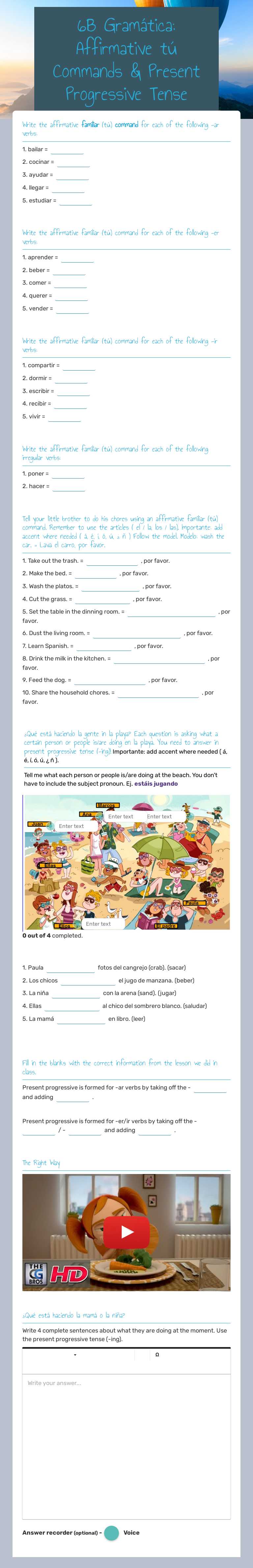 6B Gramática: Affirmative tú Commands & Present Progressive Tense worksheet preview image