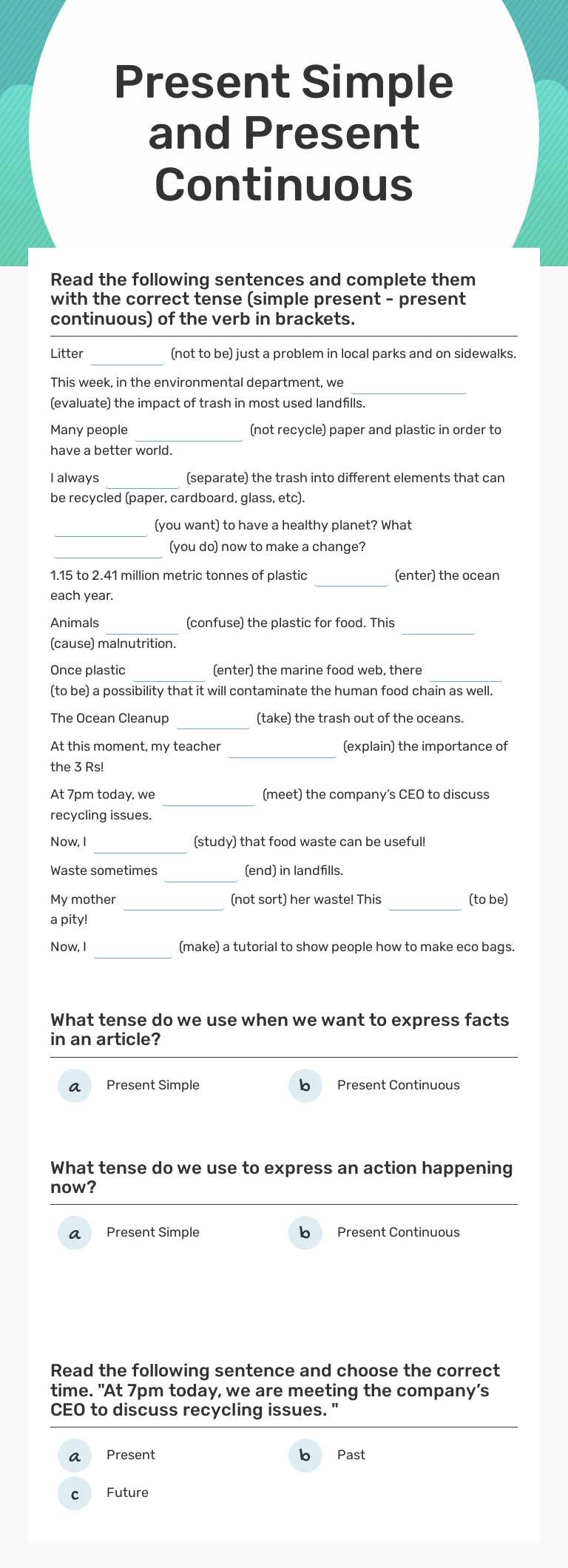 Present Simple and Present Continuous worksheet preview image