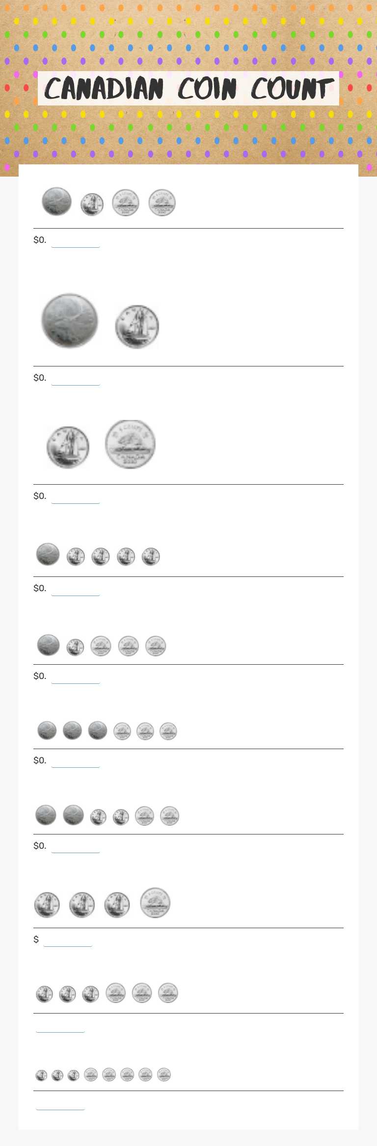 Canadian Coin Count worksheet preview image