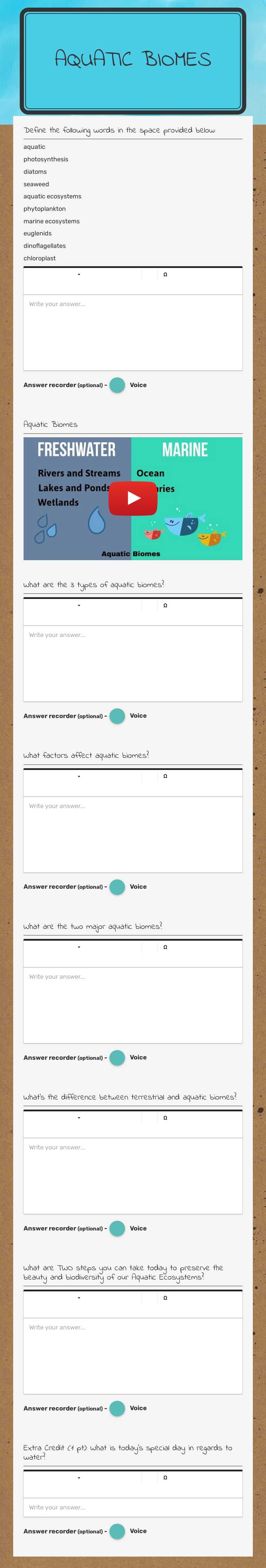 Aquatic Biomes worksheet preview image