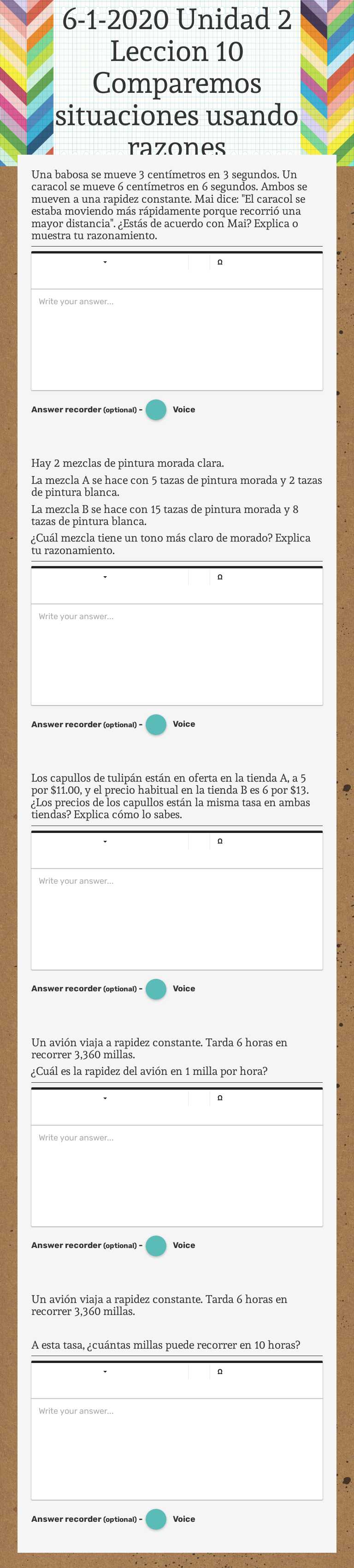 6-1-2020 Unidad 2 Leccion 10        
 Comparemos situaciones usando razones worksheet preview image