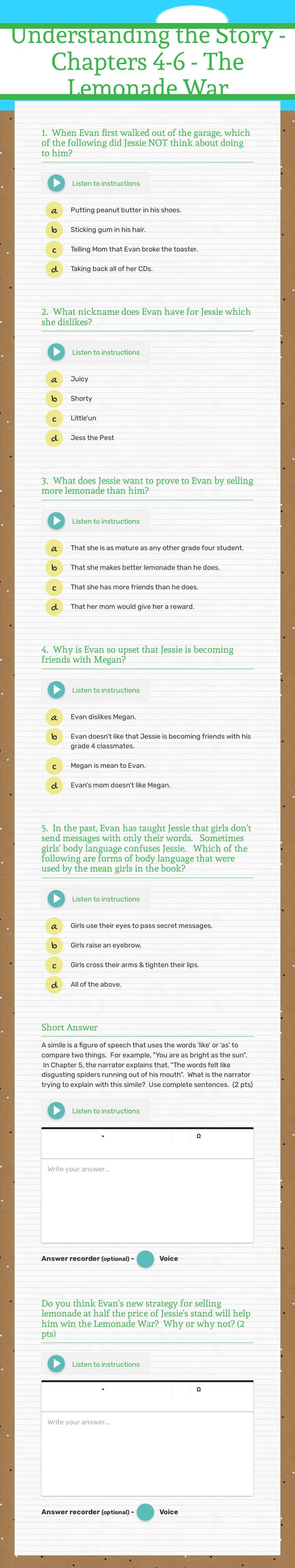 Understanding the Story - Chapters 4-6 - 
The Lemonade War worksheet preview image