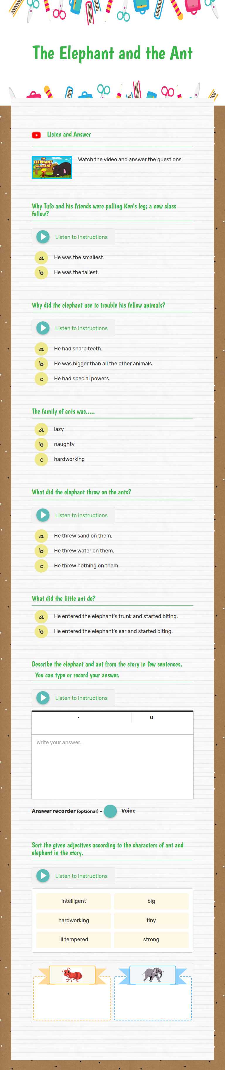 The Elephant and the Ant Grade 1 worksheet preview