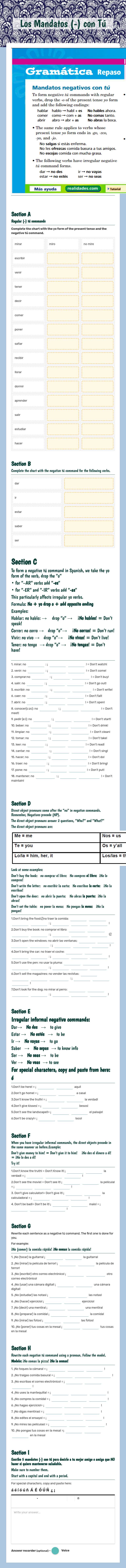 Los Mandatos (-) con Tú worksheet preview image