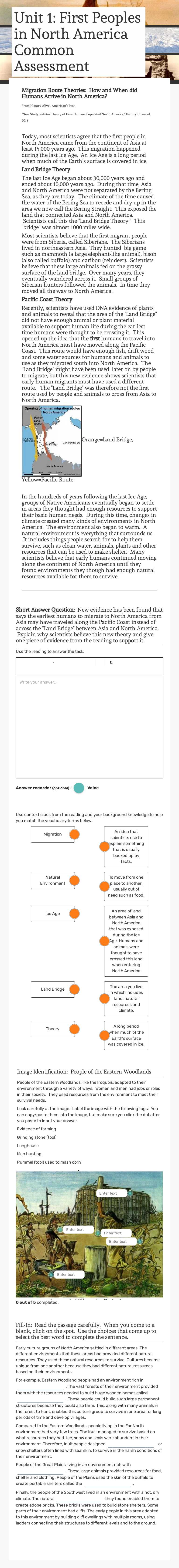 Unit 1: First Peoples in North America Common Assessment Grade 7 worksheet preview