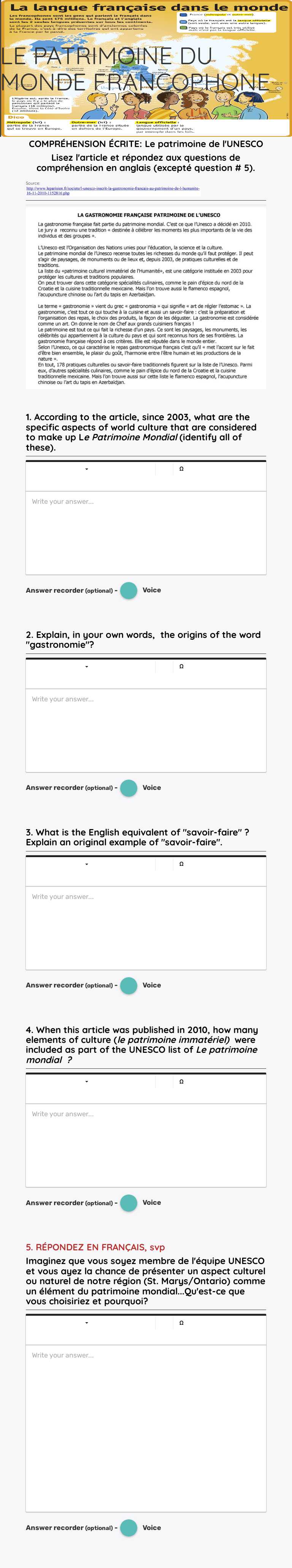LE PATRIMOINE DU MONDE FRANCOPHONE worksheet preview image
