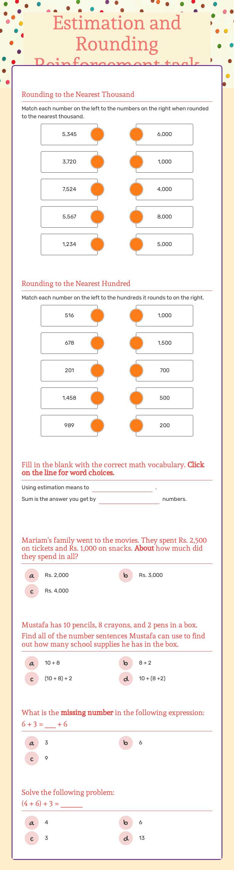 Estimation and Rounding Reinforcement task worksheet preview image
