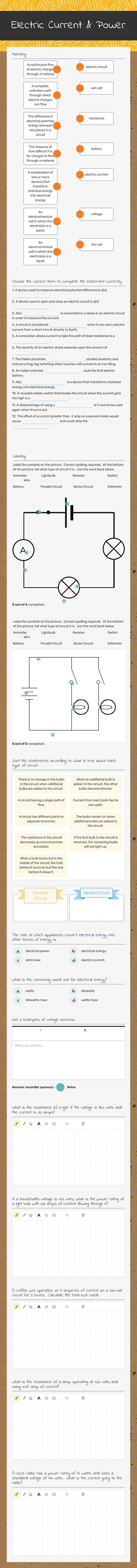 Electric Current & Power worksheet preview image