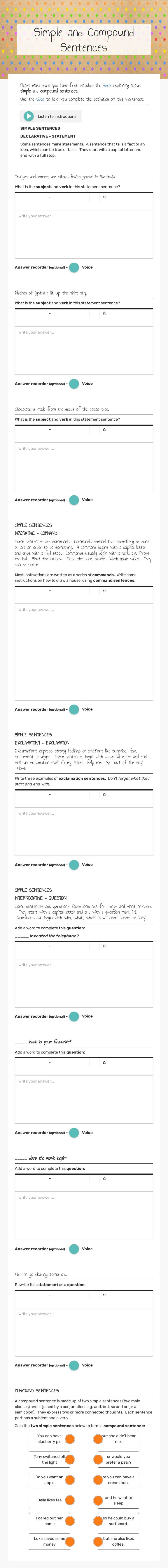 Simple and Compound Sentences worksheet preview image