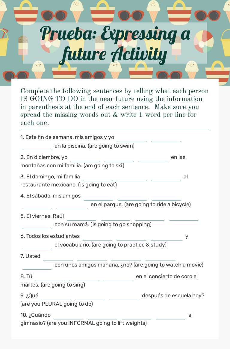Prueba: Expressing a future Activity Grade 8 worksheet preview