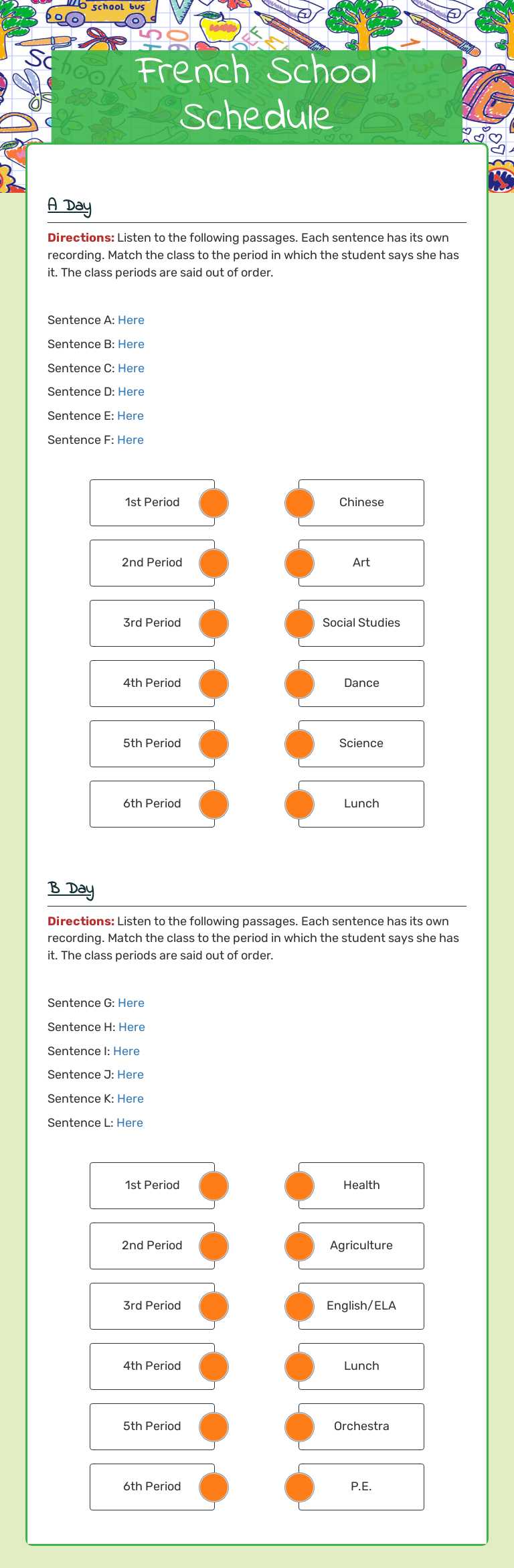 French School Schedule Grade 10 worksheet preview