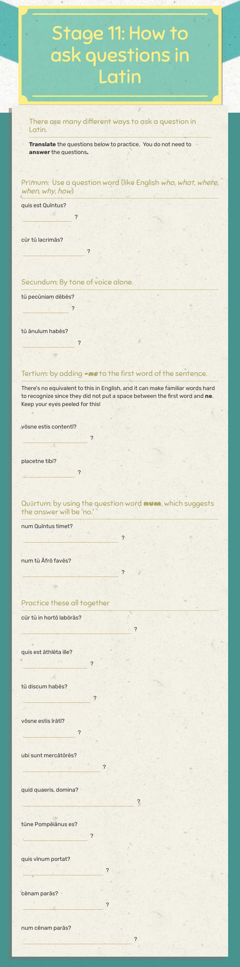 Stage 11: How to ask questions in Latin worksheet preview image