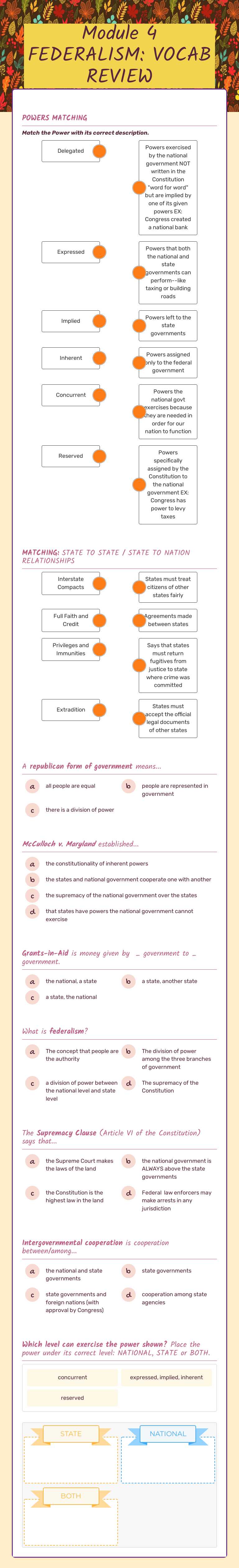 Module 4 FEDERALISM: VOCAB REVIEW worksheet preview image