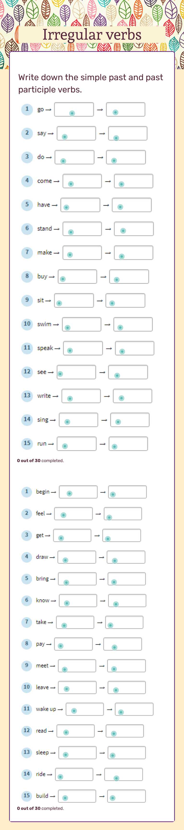 Irregular verbs worksheet preview image