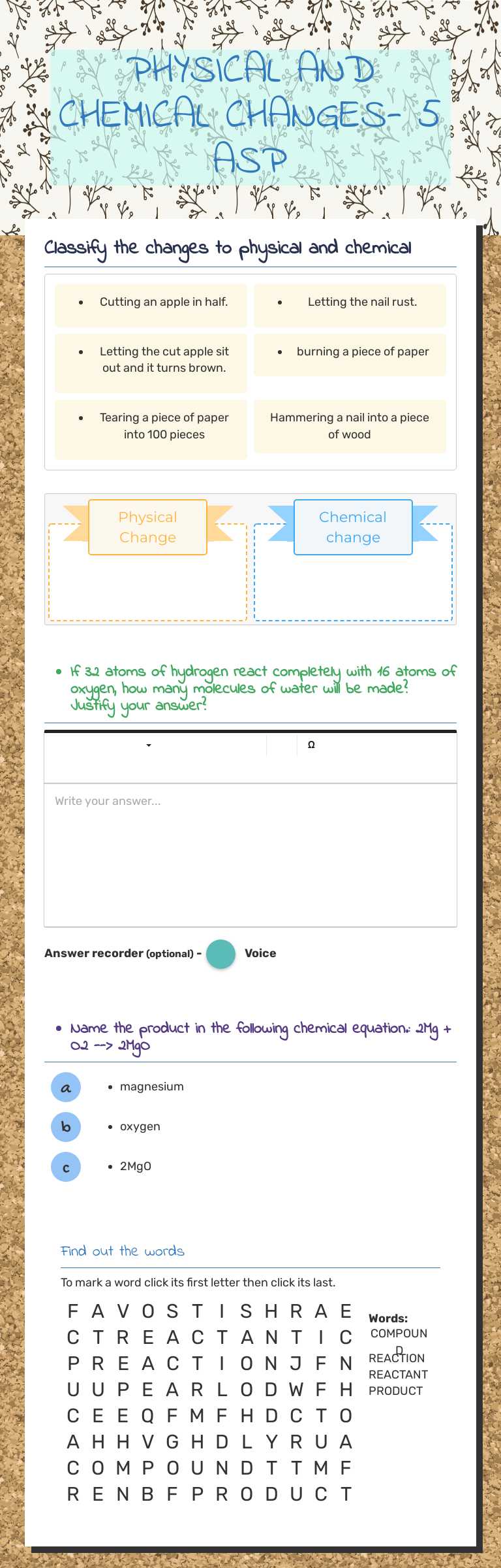 PHYSICAL AND CHEMICAL CHANGES- 5 ASP worksheet preview image