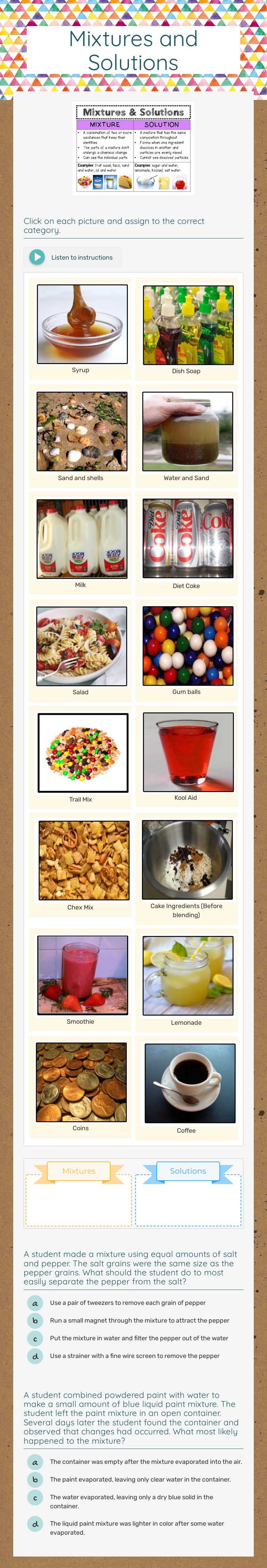 Mixtures and Solutions worksheet preview image