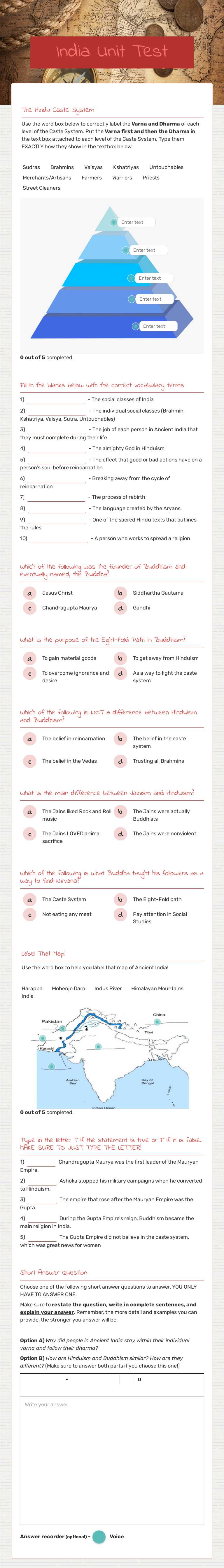 India Unit Test worksheet preview image