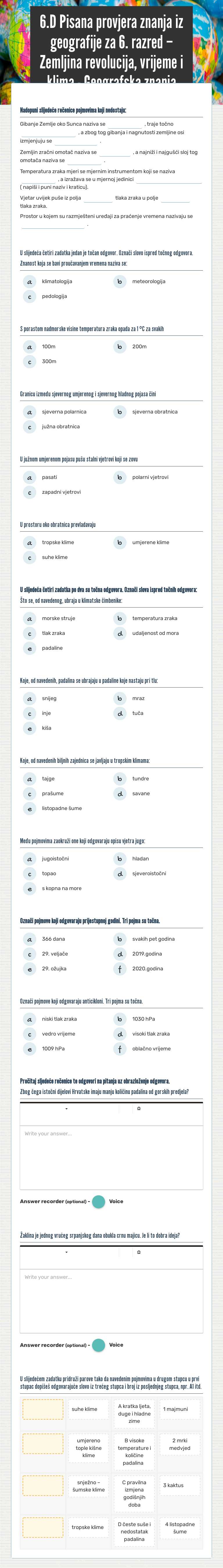 6.D Pisana provjera znanja iz geografije za 6. razred – Zemljina revolucija, vrijeme i klima - Geografska znanja worksheet preview image
